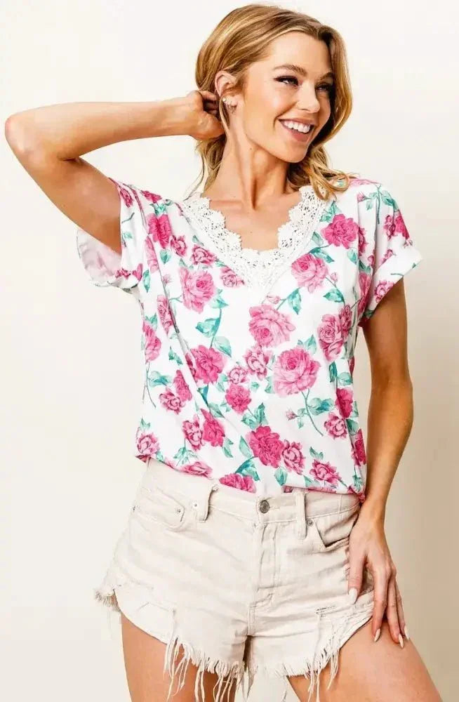 BiBi Rose Printed Poly Span with Crochet Lace Top - Update AvenueT-ShirtsTrendsi10010051974147710010051974147735e3882817de4ba4bd6137e297b4bac8 - Max - OriginFUCHSIA