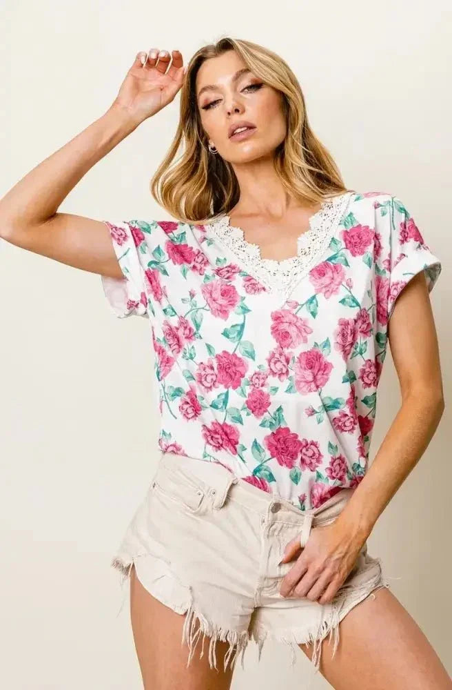 BiBi Rose Printed Poly Span with Crochet Lace Top - Update AvenueT-ShirtsTrendsi100100519741477100100519741477461eade00c0c4405b157fd8337bfc4d2 - Max - OriginFUCHSIA