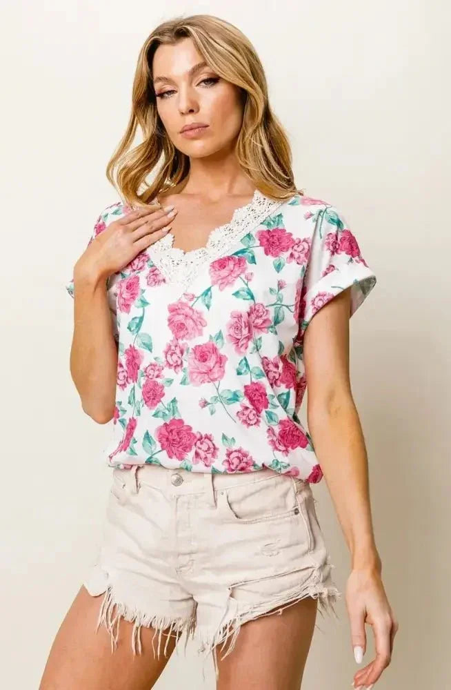 BiBi Rose Printed Poly Span with Crochet Lace Top - Update AvenueT-ShirtsTrendsi100100519741477100100519741477fd2968535c144f0aa1d36e58f79ad577 - Max - OriginFUCHSIA
