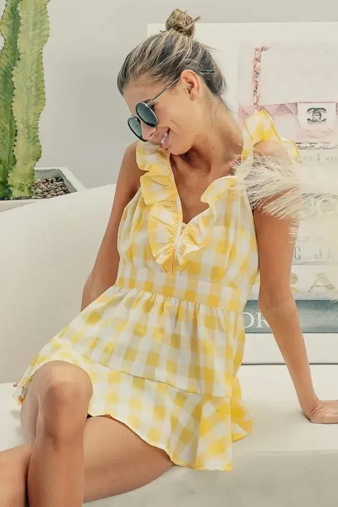 BiBi Ruffled Neckline Sleeveless Check Plaid Peplum Top - Update AvenueTrendsi100100807311659100100807311659e6106e7ca9dd48aab70f98c2f29bf235 - Max - OriginLEMON/IVORY