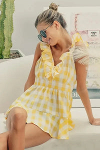 BiBi Ruffled Neckline Sleeveless Check Plaid Peplum Top - Update AvenueTrendsi100100807311659100100807311659e6106e7ca9dd48aab70f98c2f29bf235 - Max - OriginLEMON/IVORY