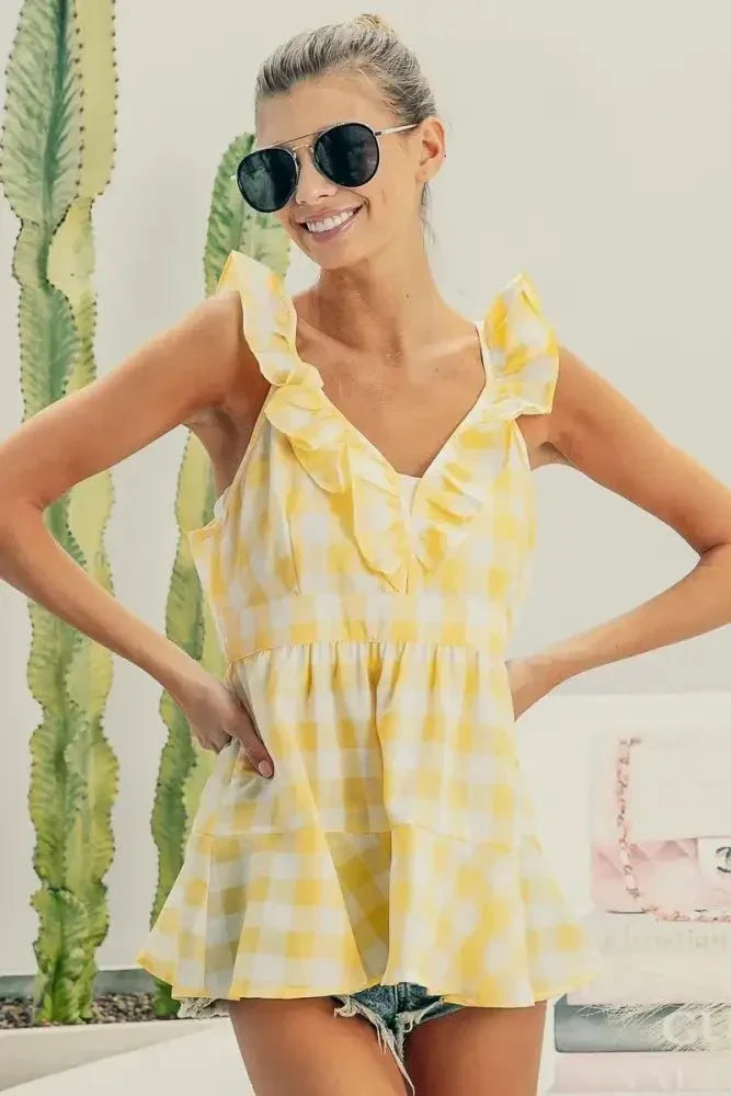BiBi Ruffled Neckline Sleeveless Check Plaid Peplum Top - Update AvenueTrendsi100100807311659100100807311659a60cbe0f935f43bf8b77aff513d8f614 - Max - OriginLEMON/IVORY