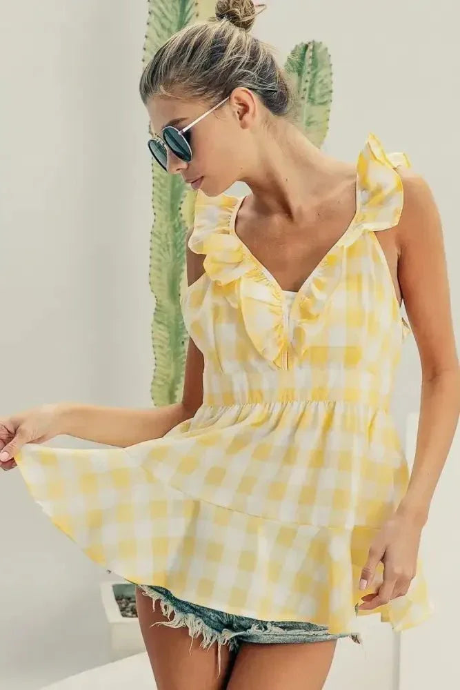 BiBi Ruffled Neckline Sleeveless Check Plaid Peplum Top - Update AvenueTrendsi10010080731165910010080731165999e1f3c08ced45299b5e330342fa4769 - Max - OriginLEMON/IVORY