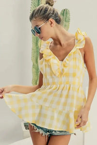 BiBi Ruffled Neckline Sleeveless Check Plaid Peplum Top - Update AvenueTrendsi10010080731165910010080731165999e1f3c08ced45299b5e330342fa4769 - Max - OriginLEMON/IVORY