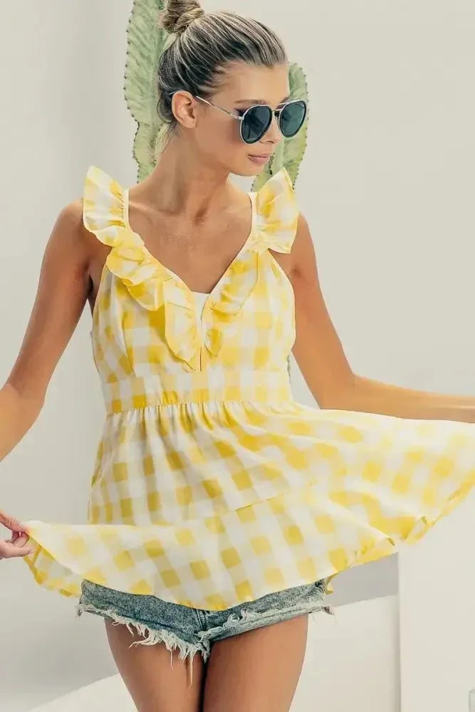 BiBi Ruffled Neckline Sleeveless Check Plaid Peplum Top - Update AvenueTrendsi1001008073116591001008073116595cb4cc1205444bb095e9d690310fdb3c - Max - OriginLEMON/IVORY