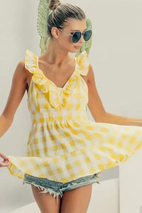 BiBi Ruffled Neckline Sleeveless Check Plaid Peplum Top - Update AvenueTrendsi1001008073116591001008073116595cb4cc1205444bb095e9d690310fdb3c - Max - OriginLEMON/IVORY