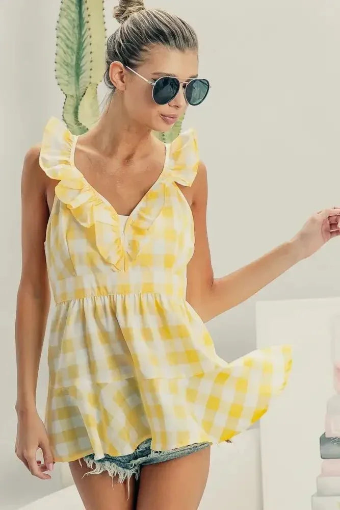 BiBi Ruffled Neckline Sleeveless Check Plaid Peplum Top - Update AvenueTrendsi10010080731165910010080731165974bf245f8c004526b64135ac6c3aab71 - Max - OriginLEMON/IVORY