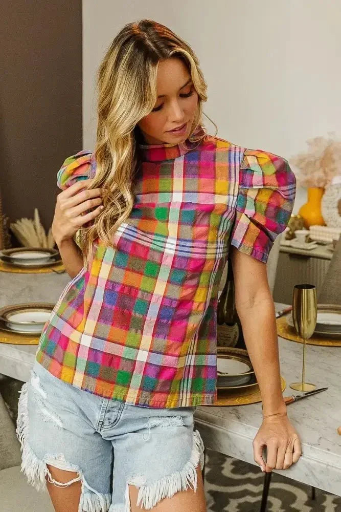 BiBi Short Puff Sleeve Washed Vintage Plaid Top - Update AvenueTrendsi10010073939154510010073939154503b03be284b642fa8c81876c9ee40e14 - Max - OriginSTAINED GLASS