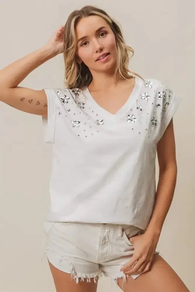 BiBi Slub Jersey Rhinestone V Neck Top - Update AvenueT-ShirtsTrendsi100100572031492100100572031492aceab31cd57f4064a6bce2912dfd21aa - Max - OriginOFF WHITE