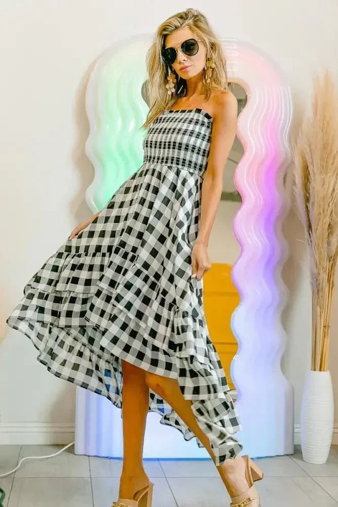 BiBi Smocked Body Off Shoulder Check Dress - Update AvenueTrendsi100100207991379100100207991379a84df506a75b41adb2fc5c34fadbe1e9 - Max - OriginBLACK/IVORY