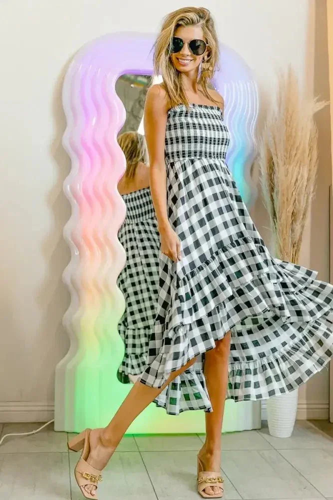 BiBi Smocked Body Off Shoulder Check Dress - Update AvenueTrendsi100100207991379100100207991379e0b8415b86cb4b2d8f5bf38309ff8fc1 - Max - OriginBLACK/IVORY