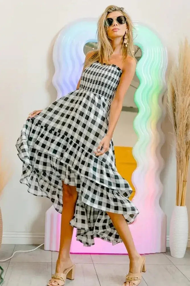 BiBi Smocked Body Off Shoulder Check Dress - Update AvenueTrendsi100100207991379100100207991379a93f713581db42428e9752cb13f8d85a - Max - OriginBLACK/IVORY