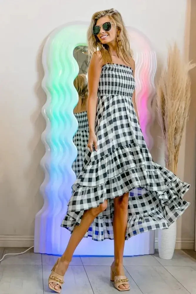 BiBi Smocked Body Off Shoulder Check Dress - Update AvenueTrendsi100100207991379100100207991379218e87174ef044bbade23d34c909c3b2 - Max - OriginBLACK/IVORY