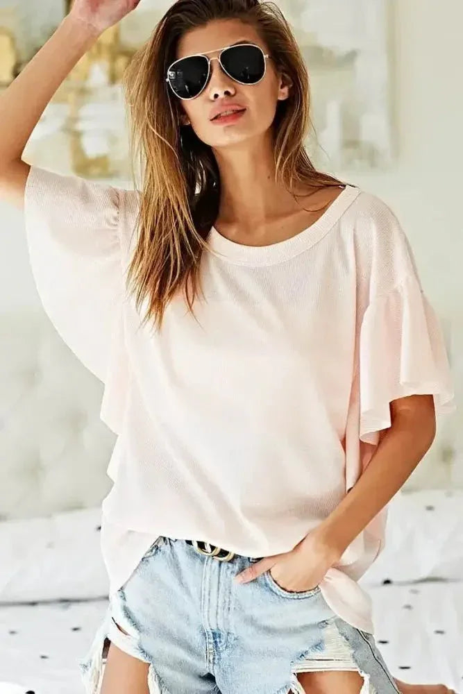 BiBi Thermal Knit with Ruffled Sleeve Top - Update AvenueT-ShirtsTrendsi100100818871031100100818871031513707b9813a4455a4f63d0fd48f54a9 - Max - OriginPINK
