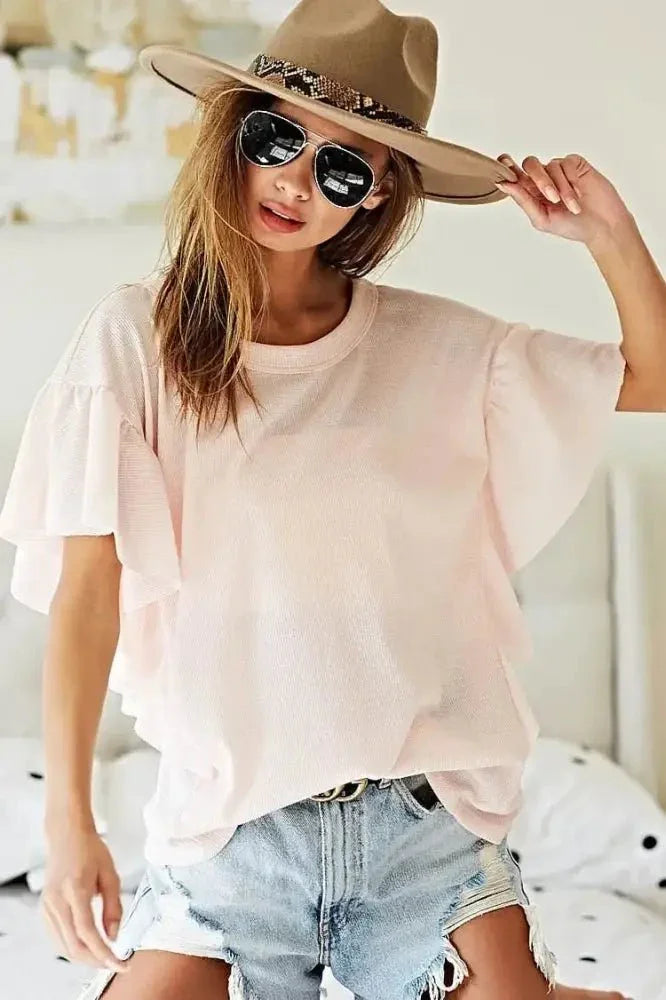 BiBi Thermal Knit with Ruffled Sleeve Top - Update AvenueT-ShirtsTrendsi1001008188710311001008188710317a5ad9c5ff75414f86fc087f0fdd6e3f - Max - OriginPINK