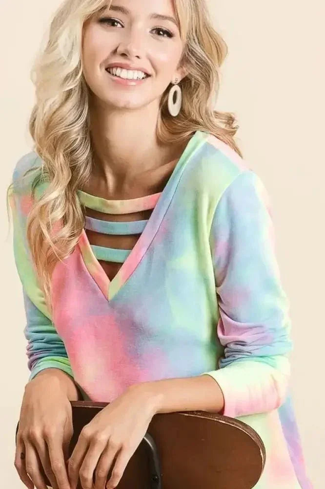 BiBi Tie Dye French Terry V - Neck Top with Strapped - Update AvenueT-ShirtsTrendsi1001000717511511001000717511514e9286172f1545b791bc017b2afcc6f6 - Max - OriginPASTEL TIE DYE