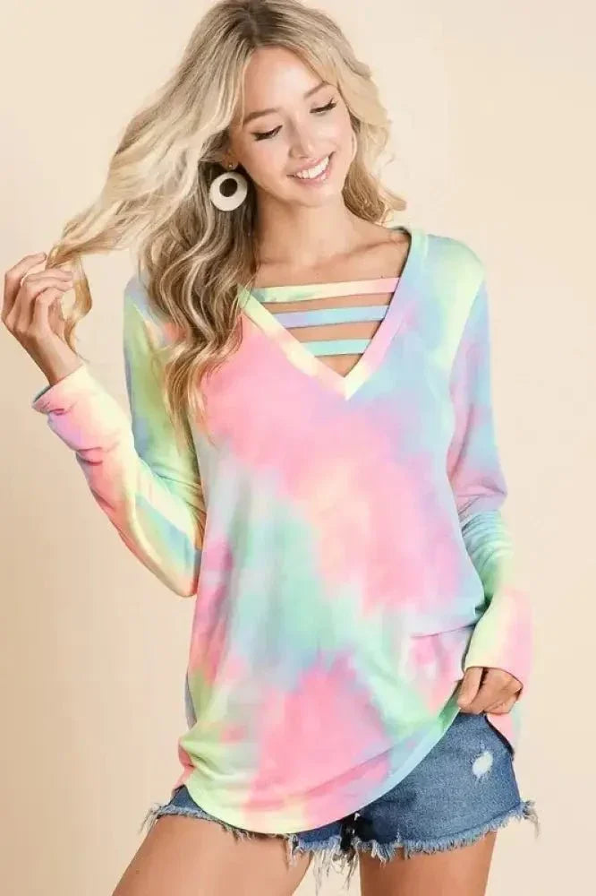 BiBi Tie Dye French Terry V - Neck Top with Strapped - Update AvenueT-ShirtsTrendsi1001000717511511001000717511519a8407b7844a4e709b308cebfcd91808 - Max - OriginPASTEL TIE DYE