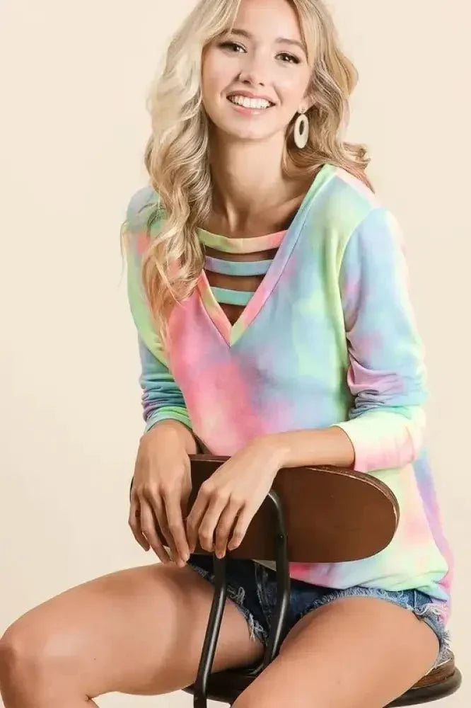 BiBi Tie Dye French Terry V - Neck Top with Strapped - Update AvenueT-ShirtsTrendsi1001000717511511001000717511519d7139ee156f4150b0df63be3d276b39 - Max - OriginPASTEL TIE DYE