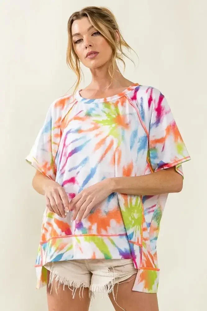 BiBi Tie Dye Print Jersey Stitched Uneven Hem Top - Update AvenueT-ShirtsTrendsi1001001608219881001001608219881402052574434c83bd6c4a8c94db22f4 - Max - OriginOFF WHITE/MULTI