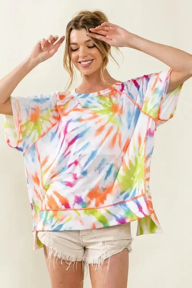 BiBi Tie Dye Print Jersey Stitched Uneven Hem Top - Update AvenueT-ShirtsTrendsi100100160821988100100160821988d417ce691a9542fab9af5e66097a9b13 - Max - OriginOFF WHITE/MULTI