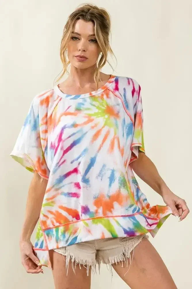 BiBi Tie Dye Print Jersey Stitched Uneven Hem Top - Update AvenueT-ShirtsTrendsi100100160821988100100160821988af2ee05b6cee4f03a295eb19d559c1bc - Max - OriginOFF WHITE/MULTI