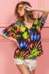 BiBi Tie Dye Print Jersey Stitched V Neck Top - Update AvenueT-ShirtsTrendsi100100256411509100100256411509f23eda32470644a384acfa1a40078008 - Max - OriginBLACK/MULTI