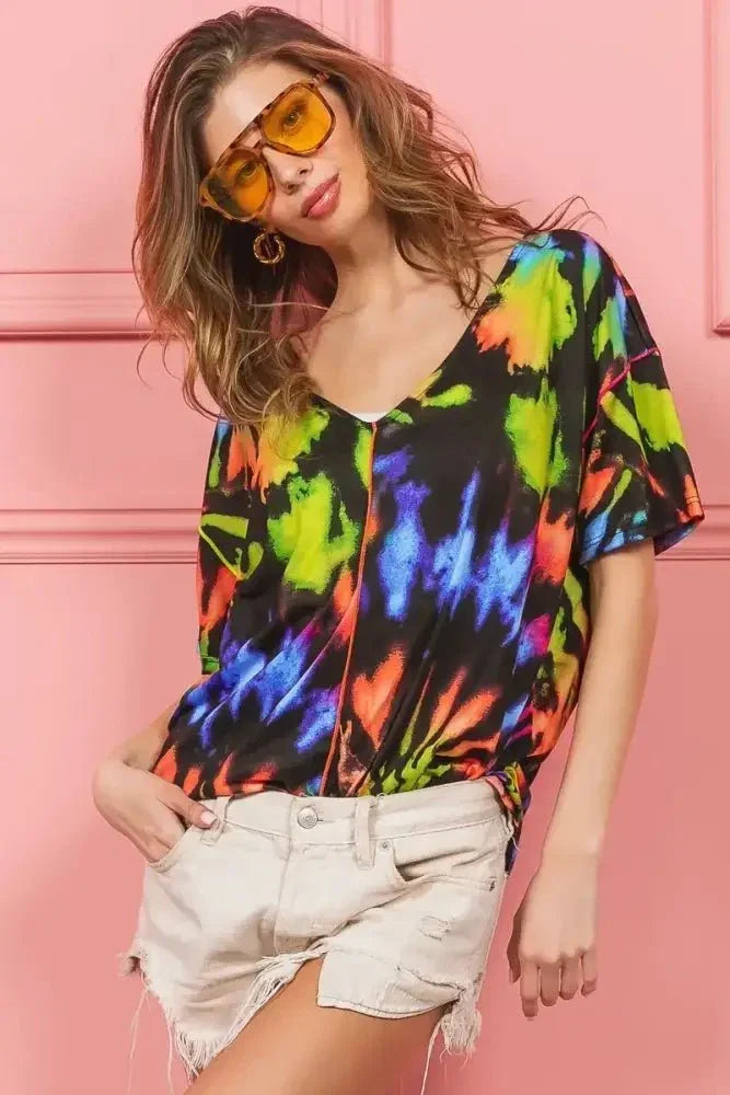 BiBi Tie Dye Print Jersey Stitched V Neck Top - Update AvenueT-ShirtsTrendsi100100256411509100100256411509cf9dac6743a04b78acfdf0673c049240 - Max - OriginBLACK/MULTI