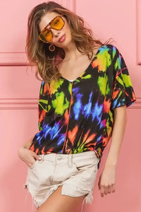 BiBi Tie Dye Print Jersey Stitched V Neck Top - Update AvenueT-ShirtsTrendsi100100256411509100100256411509cf9dac6743a04b78acfdf0673c049240 - Max - OriginBLACK/MULTI
