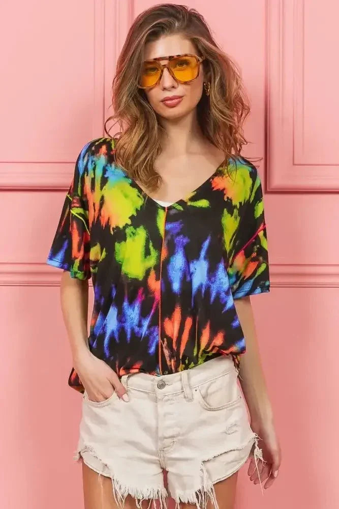 BiBi Tie Dye Print Jersey Stitched V Neck Top - Update AvenueT-ShirtsTrendsi100100256411509100100256411509db9d06464ef7462ab14daeb9ec90500a - Max - OriginBLACK/MULTI