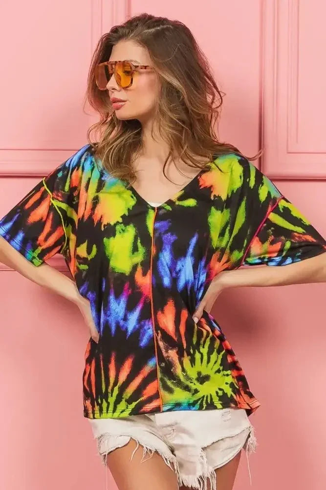 BiBi Tie Dye Print Jersey Stitched V Neck Top - Update AvenueT-ShirtsTrendsi100100256411509100100256411509c5fd8a124ff2407f902e5ed432db0b8a - Max - OriginBLACK/MULTI