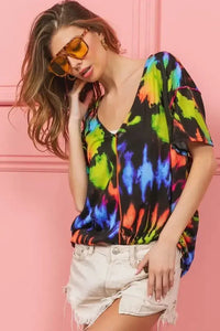 BiBi Tie Dye Print Jersey Stitched V Neck Top - Update AvenueT-ShirtsTrendsi100100256411509100100256411509f1138bff91354d8c8ea4afd408645c54 - Max - OriginBLACK/MULTI