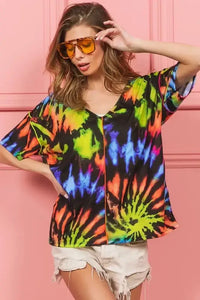 BiBi Tie Dye Print Jersey Stitched V Neck Top - Update AvenueT-ShirtsTrendsi1001002564115091001002564115092472073fd6e445af8723469753f9e86f - Max - OriginBLACK/MULTI