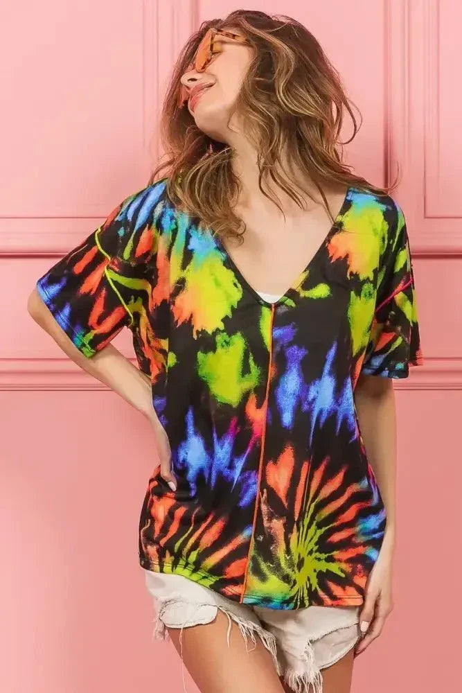 BiBi Tie Dye Print Jersey Stitched V Neck Top - Update AvenueT-ShirtsTrendsi10010025641150910010025641150911d5076b789f4d9d9bc4893cfbc803bf - Max - OriginBLACK/MULTI