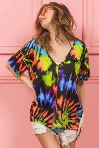 BiBi Tie Dye Print Jersey Stitched V Neck Top - Update AvenueT-ShirtsTrendsi10010025641150910010025641150911d5076b789f4d9d9bc4893cfbc803bf - Max - OriginBLACK/MULTI
