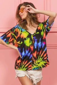 BiBi Tie Dye Print Jersey Stitched V Neck Top - Update AvenueT-ShirtsTrendsi100100256411509100100256411509d7e4f4247f5a47258c58025446a875a7 - Max - OriginBLACK/MULTI