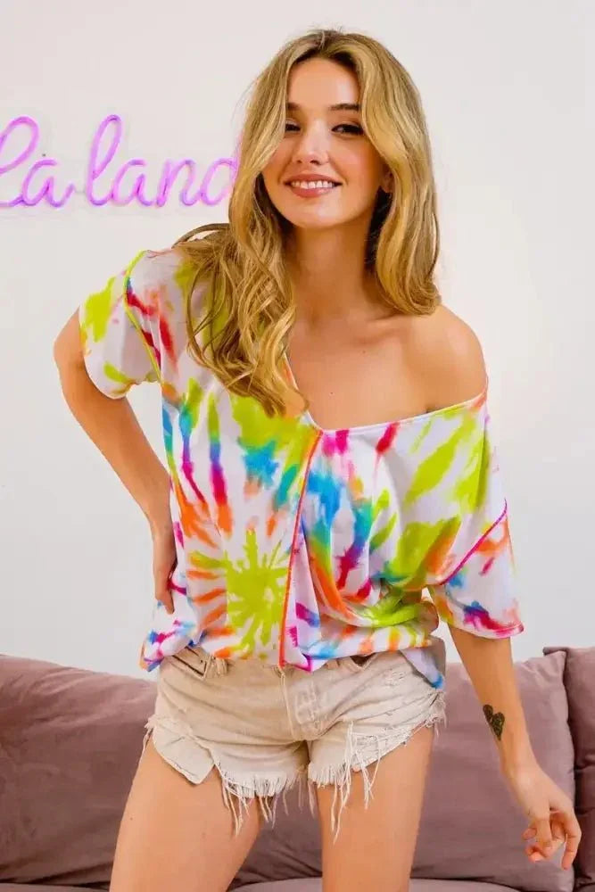 BiBi Tie Dye Print Jersey Stitched V Neck Top - Update AvenueT-ShirtsTrendsi100100365341213100100365341213031a463a895d409c83bcb23e35f51008 - Max - OriginOFF WHITE/MULTI