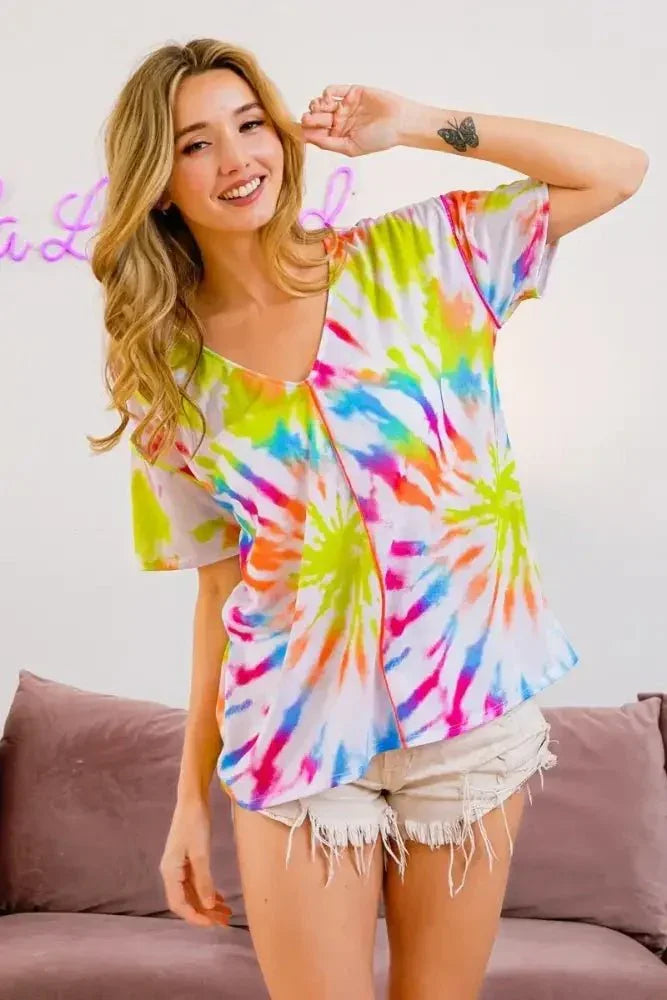 BiBi Tie Dye Print Jersey Stitched V Neck Top - Update AvenueT-ShirtsTrendsi100100365341213100100365341213769cca9236c8454ab6c02de7c25dd6eb - Max - OriginOFF WHITE/MULTI