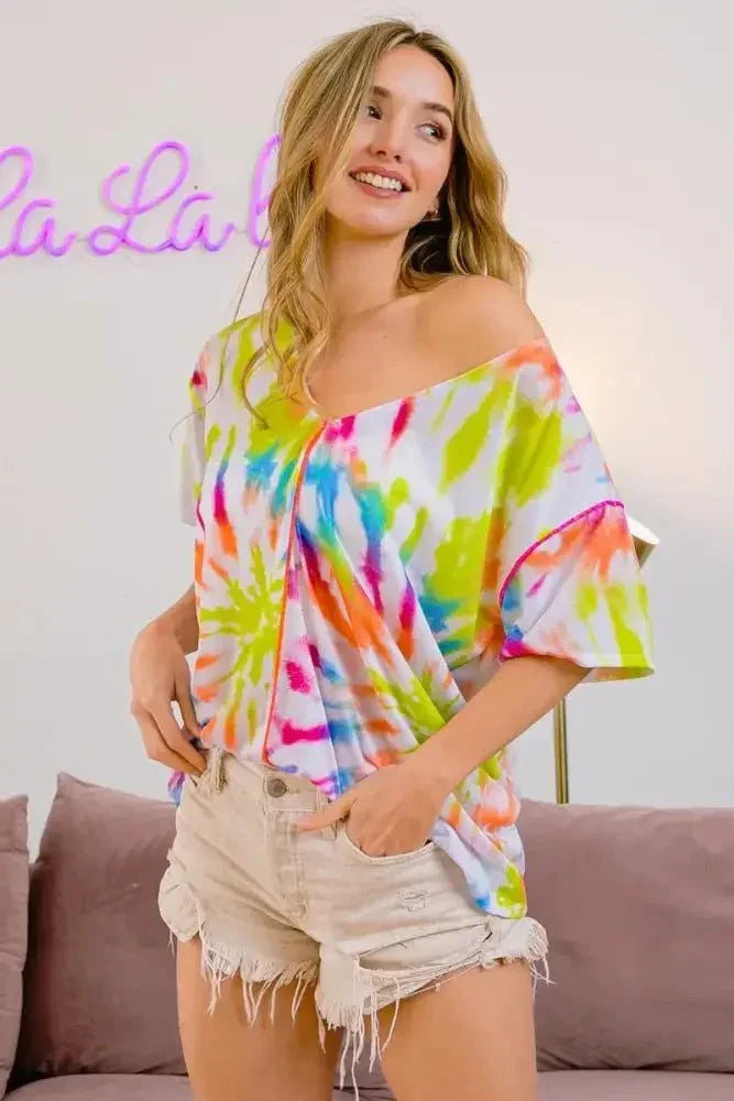 BiBi Tie Dye Print Jersey Stitched V Neck Top - Update AvenueT-ShirtsTrendsi1001003653412131001003653412137712a2d1034342e89f6fb73caa77007e - Max - OriginOFF WHITE/MULTI