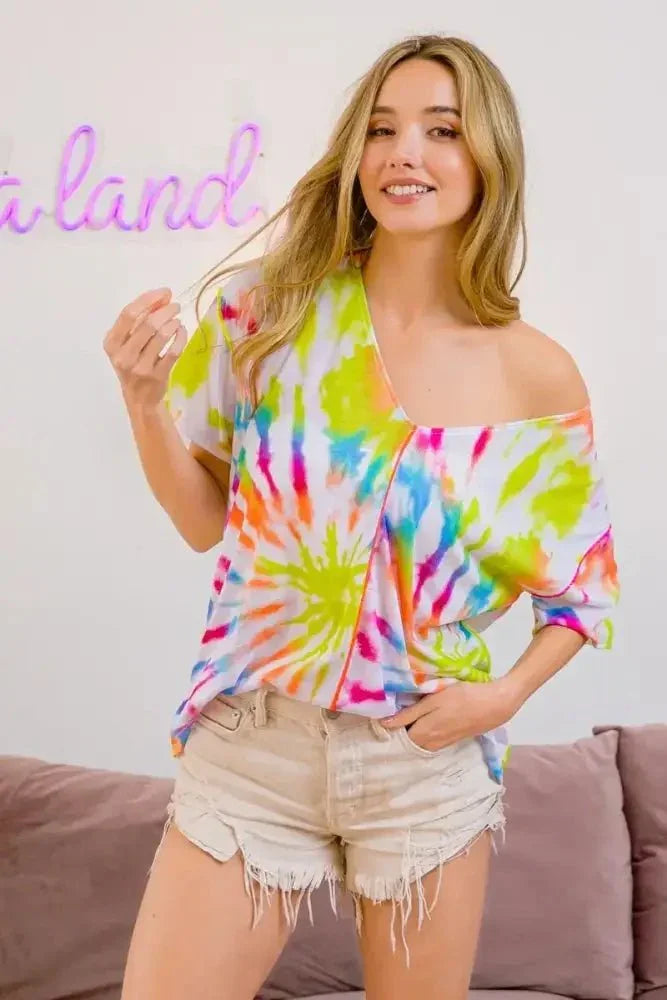 BiBi Tie Dye Print Jersey Stitched V Neck Top - Update AvenueT-ShirtsTrendsi100100365341213100100365341213efacafd3035747ee86e3fe6df0bd93bb - Max - OriginOFF WHITE/MULTI