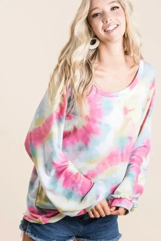 BiBi Tie Dye Print Terry Top With Puff Sleeves - Update AvenueT-ShirtsTrendsi1001003222316381001003222316385a2916afec7d49ee8097d6cd84d61c52 - Max - OriginPINK MULTI