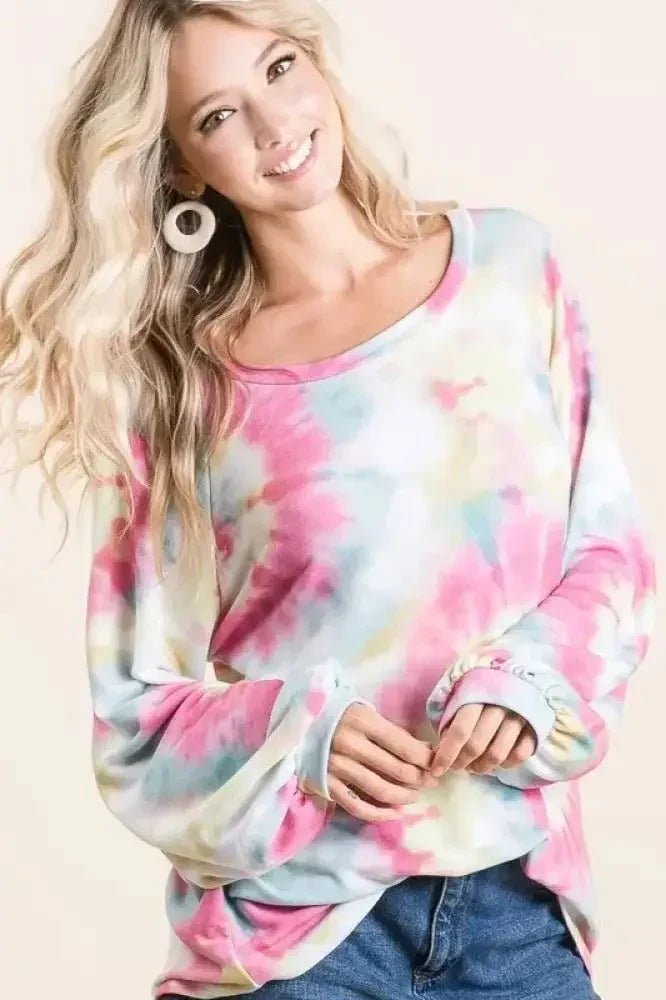 BiBi Tie Dye Print Terry Top With Puff Sleeves - Update AvenueT-ShirtsTrendsi1001003222316381001003222316380adc99790c304d03a41a882e79c04f8c - Max - OriginPINK MULTI