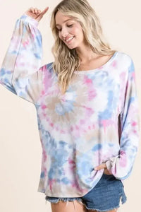 BiBi Tie Dye Print Terry Top With Puff Sleeves - Update AvenueT-ShirtsTrendsi100100342001704100100342001704dc53ef98015140c6b2d3df2dcdc04686 - Max - OriginBLUE MULTI