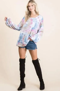 BiBi Tie Dye Print Terry Top With Puff Sleeves - Update AvenueT-ShirtsTrendsi100100342001704100100342001704526182095b154bd9bc43059984438d29 - Max - OriginBLUE MULTI
