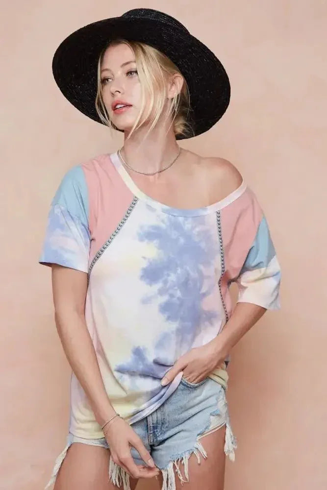 BiBi Tie Dye Printed Cotton Color Block T-Shirt - Update AvenueT-ShirtsTrendsi1001007761019941001007761019945a94f3f8381b4754aee02b1624fc5ae2 - Max - OriginPINK/BLUE COMBO
