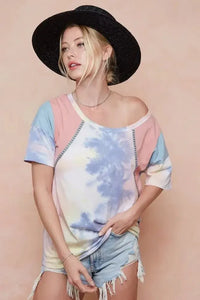 BiBi Tie Dye Printed Cotton Color Block T-Shirt - Update AvenueT-ShirtsTrendsi1001007761019941001007761019945a94f3f8381b4754aee02b1624fc5ae2 - Max - OriginPINK/BLUE COMBO