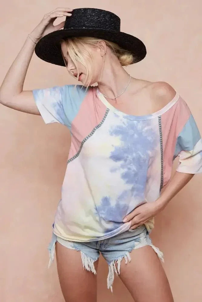 BiBi Tie Dye Printed Cotton Color Block T-Shirt - Update AvenueT-ShirtsTrendsi10010077610199410010077610199489db67fb84534a8ba5e1ba8bb301b775 - Max - OriginPINK/BLUE COMBO