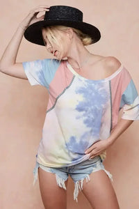 BiBi Tie Dye Printed Cotton Color Block T-Shirt - Update AvenueT-ShirtsTrendsi10010077610199410010077610199489db67fb84534a8ba5e1ba8bb301b775 - Max - OriginPINK/BLUE COMBO