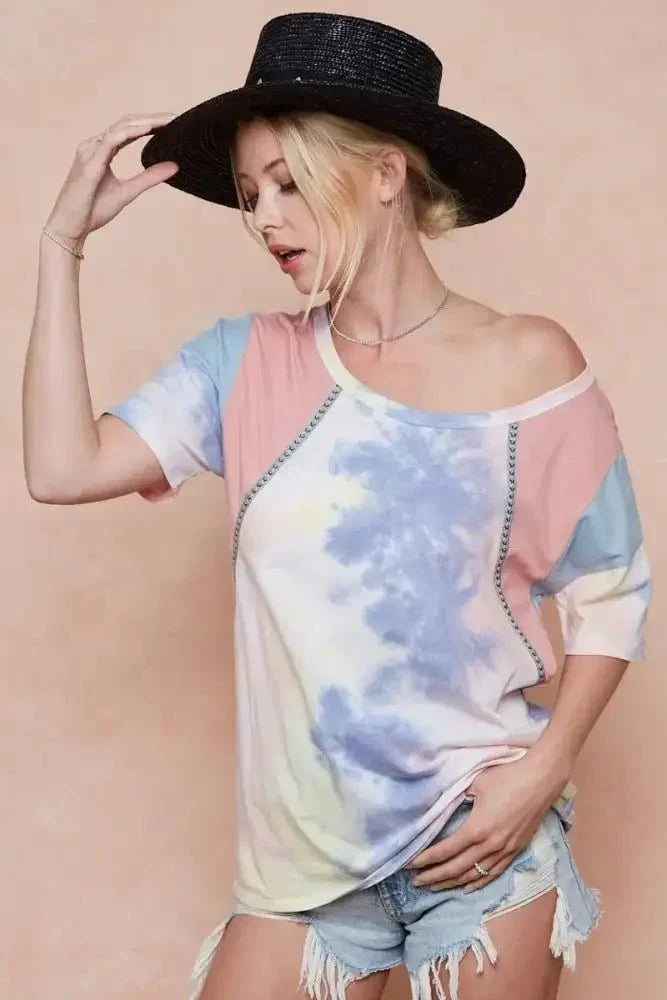 BiBi Tie Dye Printed Cotton Color Block T-Shirt - Update AvenueT-ShirtsTrendsi10010077610199410010077610199426fd33760dc14e93be57b37341484e1b - Max - OriginPINK/BLUE COMBO