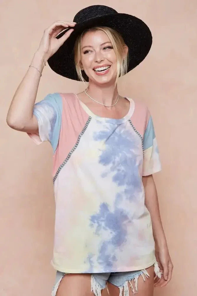 BiBi Tie Dye Printed Cotton Color Block T-Shirt - Update AvenueT-ShirtsTrendsi10010077610199410010077610199473c0987344cc47bc8460cc54efbe4a57 - Max - OriginPINK/BLUE COMBO