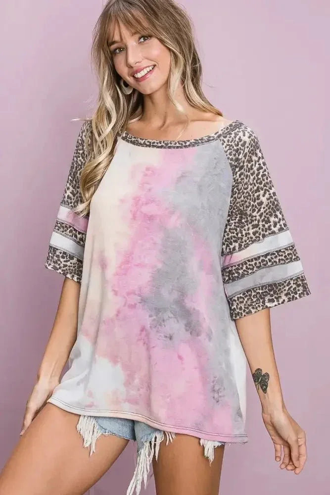 BiBi Tiedye French Terry with Leopard Sleeve Top - Update AvenueT-ShirtsTrendsi100100493441891100100493441891b08cb62381a447168b9dbc980c939c56 - Max - OriginTIEDYE/LEOPARD